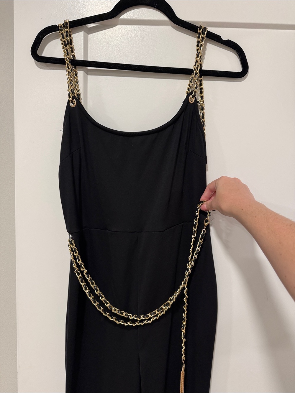 AKIRA Black Jumpsuit with Gold Chain Details